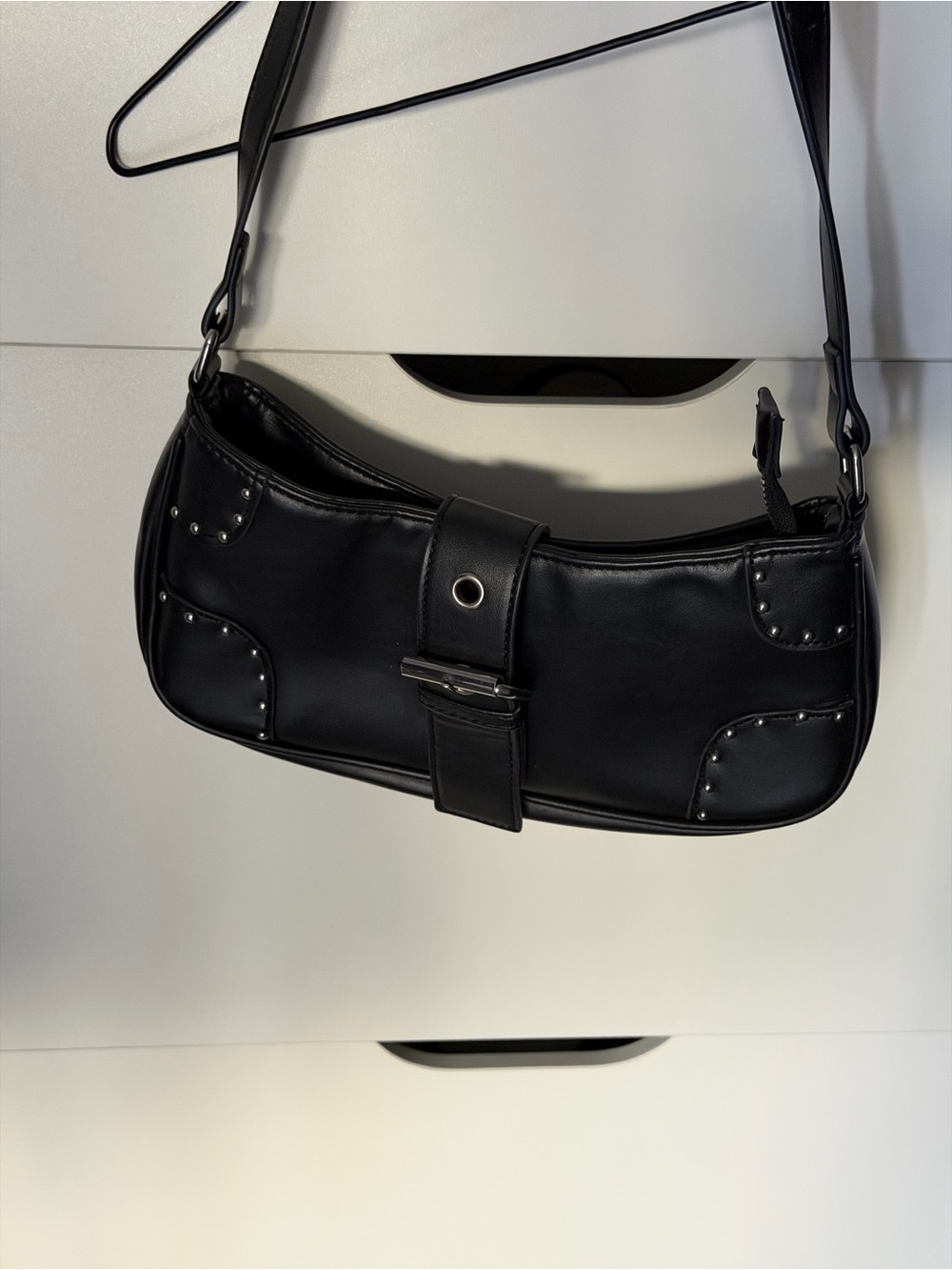 Black Studded Shoulder Bag with Buckle - Picture 2 of 11